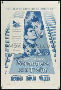 9m0769 STRANGERS ON A TRAIN linen 1sh R1957 Farley Granger & Robert Walker in murder pact, Hitchcock!