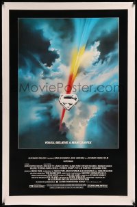 9m0773 SUPERMAN linen 1sh 1978 D.C. comic book superhero Christopher Reeve, cool Bob Peak logo art!