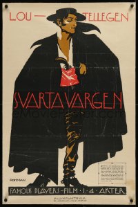 9m0271 BLACK WOLF linen Swedish 1917 Rohman art of Lou Tellegen with cape, hat & gun, ultra rare!