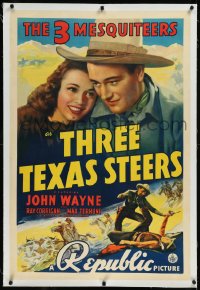 9m0783 THREE TEXAS STEERS linen 1sh 1939 portrait of John Wayne as one of the Three Mesquiteers!