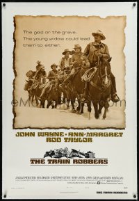 9m0793 TRAIN ROBBERS linen style B 1sh 1973 cowboy John Wayne & Ann-Margret on horseback!