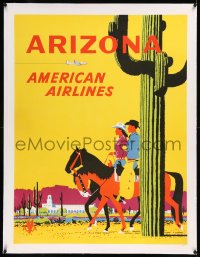9m0201 AMERICAN AIRLINES ARIZONA linen 31x40 travel poster 1960s Ludekens art of couple on horseback & cactus!