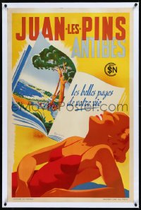 9m0205 FRENCH NATIONAL RAILROADS linen 26x39 French travel poster 1940s Juan-Les-Pins Antibes, sexy!