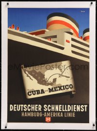 9m0207 HAMBURG AMERICA LINE linen 24x33 German travel poster 1932 Anton art of ship to Cuba & Mexico!