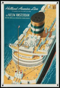 9m0195 HOLLAND AMERICA LINE linen 25x38 Dutch travel poster 1954 Dirksen art of SS Nieuw Amsterdam!