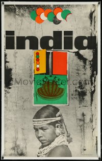 9m0196 INDIA linen 25x41 Indian travel poster 1960s cool art of snakes over local woman, very rare!