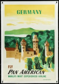 9m0198 PAN AMERICAN GERMANY linen 29x42 travel poster 1950s Kauffer artwork of castle & countryside!