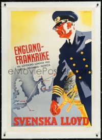 9m0199 SVENSKA LLOYD linen 28x39 Swedish travel poster 1937 G.G. Bratt art of ship captain, rare!