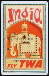 9m0200 TWA INDIA linen 25x40 travel poster 1960s gorgeous David Klein artwork of elephant, rare!