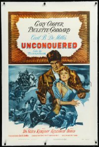 9m0805 UNCONQUERED linen 1sh R1955 art of Gary Cooper with sexy Paulette Goddard & two guns!
