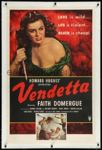 9m0809 VENDETTA linen 1sh 1950 Howard Hughes, best art of sexy bad girl Faith Domergue holding knife!