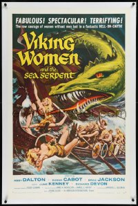9m0811 VIKING WOMEN & THE SEA SERPENT linen 1sh 1958 art of sexy female warriors attacked on ship!
