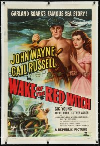 9m0815 WAKE OF THE RED WITCH linen 1sh 1949 art of barechested John Wayne & Gail Russell at sea!