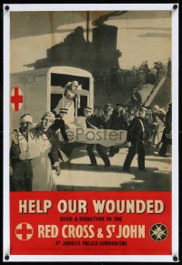 9m0229 HELP OUR WOUNDED linen 19x29 English WWII war poster 1940s Fryer art of Red Cross ambulance!