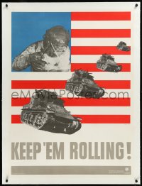 9m0230 KEEP 'EM ROLLING linen 30x40 WWII war poster 1941 Lionni art of welder & tanks in US flag, rare!