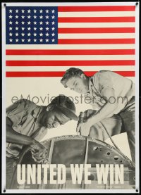 9m0234 UNITED WE WIN linen 29x40 WWII war poster 1942 Liberman image, different races work together!