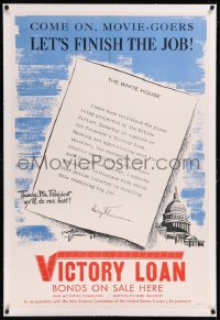 9m0235 VICTORY LOAN linen 28x41 WWII war poster 1945 Harry Truman says movie-goers finish the job!