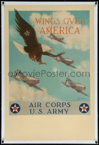 9m0237 WINGS OVER AMERICA linen 26x38 WWII war poster 1941 Woodburn art of bald eagle & planes, rare!
