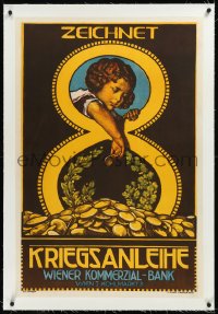 9m0224 ZEICHNET 8 KRIEGSANLEIHE linen 25x37 Austrian WWI war poster 1918 Offner art of kid & coins!