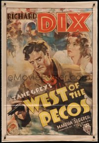 9m0820 WEST OF THE PECOS linen 1sh 1935 cool art of cowboy Richard Dix & Martha Sleeper, Zane Grey!
