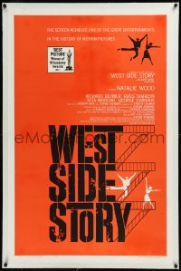 9m0821 WEST SIDE STORY linen 1sh R1963 Academy Award winning classic musical, great Joseph Caroff art!