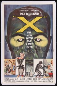 9m0835 X: THE MAN WITH THE X-RAY EYES linen 1sh 1963 Ray Milland strips souls & bodies, cool art!