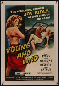 9m0836 YOUNG & WILD linen 1sh 1958 artwork of the reckless joy rides of wild girls of the road!