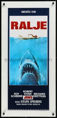 9m0252 JAWS linen 14x33 Yugoslavian poster 1975 Spielberg's man-eating shark attacking swimmer, Ralje