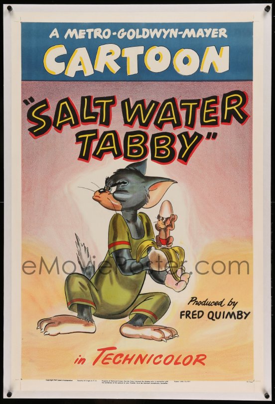 : 9m0741 SALT WATER TABBY linen 1sh 1947 art of Tom in  swimsuit peeling banana with Jerry inside,...