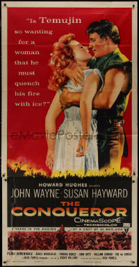 9p0198 CONQUEROR 3sh 1956 great art of barbarian John Wayne embracing sexy Susan Hayward, very rare!
