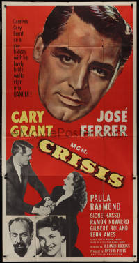 9p0201 CRISIS 3sh 1950 great huge headshot artwork of Cary Grant, plus Paula Raymond & Jose Ferrer!