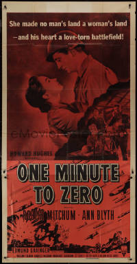 9p0237 ONE MINUTE TO ZERO 3sh R1956 art of Robert Mitchum, Ann Blyth & fighter jets, Howard Hughes