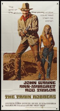 9p0262 TRAIN ROBBERS int'l 3sh 1973 full-length Tanenbaum art of cowboy John Wayne & sexy Ann-Margret!