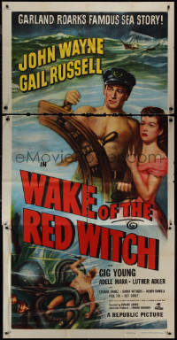 9p0266 WAKE OF THE RED WITCH 3sh R1952 art of barechested John Wayne & Gail Russell at sea!