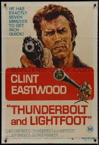 9p0318 THUNDERBOLT & LIGHTFOOT Aust 1sh 1974 art of Clint Eastwood with huge gun by Ken Barr!