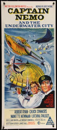 9p0337 CAPTAIN NEMO & THE UNDERWATER CITY Aust daybill 1970 artwork of cast, scuba divers & cool ship