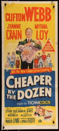 9p0341 CHEAPER BY THE DOZEN Aust daybill 1950 art of Clifton Webb holding baby w/kids in background!