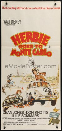 9p0370 HERBIE GOES TO MONTE CARLO Aust daybill 1977 Disney, Bysouth Volkswagen Beetle racing art!