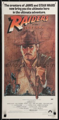 9p0410 RAIDERS OF THE LOST ARK Aust daybill 1981 great Richard Amsel artwork of Harrison Ford!
