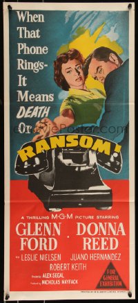 9p0411 RANSOM Aust daybill 1956 different art of Glenn Ford & Donna Reed waiting for call!