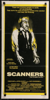 9p0418 SCANNERS Aust daybill 1981 David Cronenberg, in 20 seconds your head explodes, sci-fi art!