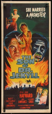 9p0421 SON OF DR. JEKYLL Aust daybill 1951 Louis Hayward, she married a monster, great artwork!