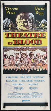 9p0444 THEATRE OF BLOOD Aust daybill 1973 Vincent Price holding bloody skull w/dead audience!