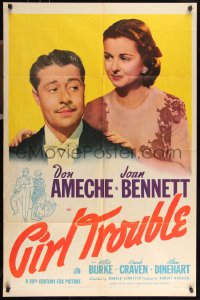 9p0528 GIRL TROUBLE 1sh 1942 close-up of Don Ameche and gorgeous Joan Bennett + cool art!
