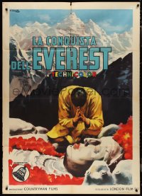 9p1773 CONQUEST OF EVEREST Italian 1p 1953 Hillary & Norgay, Ciriello art of monk in prayer, rare!