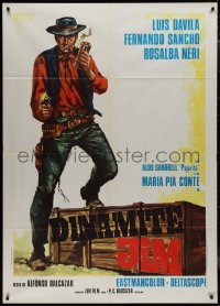9p1810 DYNAMITE JIM Italian 1p R1974 different spaghetti western art of cowboy with dynamite & gun!