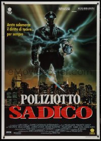 9p1963 MANIAC COP Italian 1p R1992 cool different art of crazy policeman with sword over city!