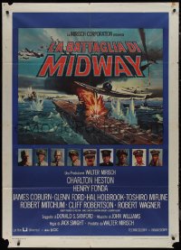 9p1977 MIDWAY Italian 1p 1976 Charlton Heston, Henry Fonda, dramatic World War II naval battle art!