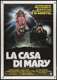 9p2088 SUPERSTITION Italian 1p 1982 Casaro art of ghoulish girl on tombstone by creepy house!