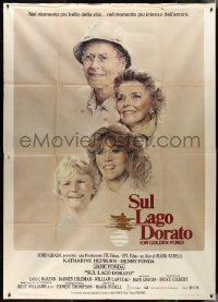 9p1591 ON GOLDEN POND Italian 2p 1982 art of Hepburn, Henry Fonda, and Jane Fonda by C.D. de Mar!